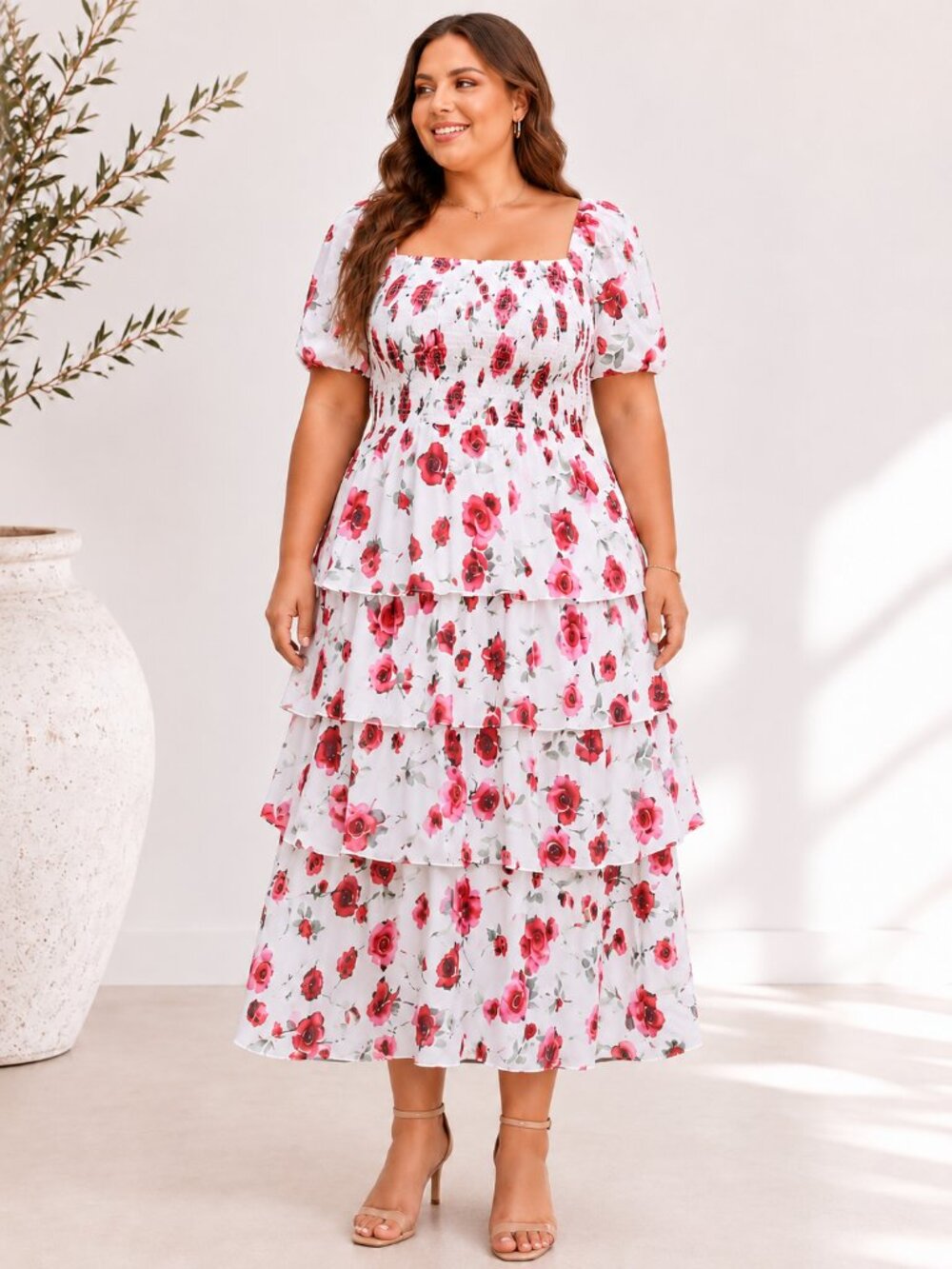 BTFBM Floral Smocked Puff Sleeve Dress Red White XXL NWT
